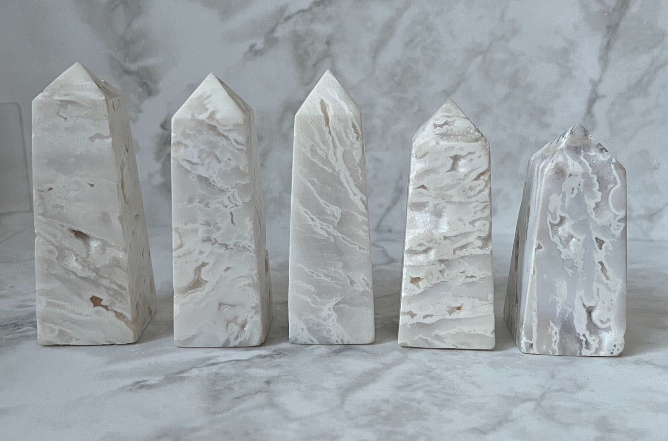 Indonesian Snow White Agate Obelisks